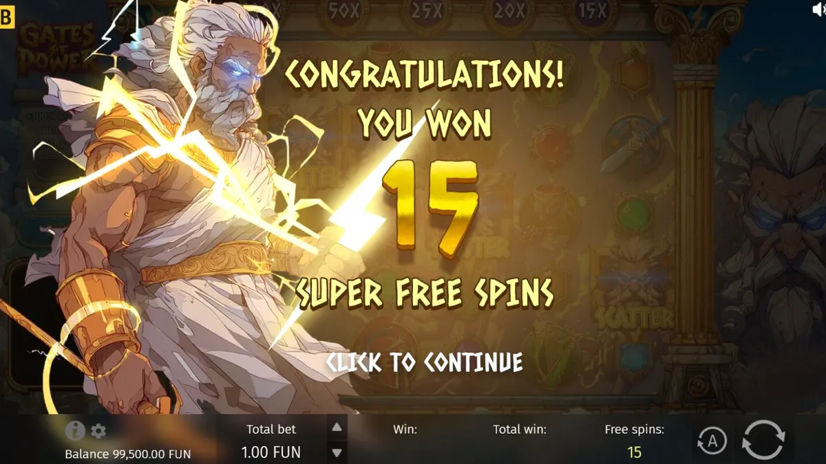 Pemandangan gerbang Olympus dalam slot Gates of Power dengan Zeus sebagai latar belakang